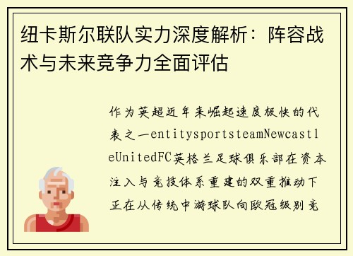 纽卡斯尔联队实力深度解析：阵容战术与未来竞争力全面评估